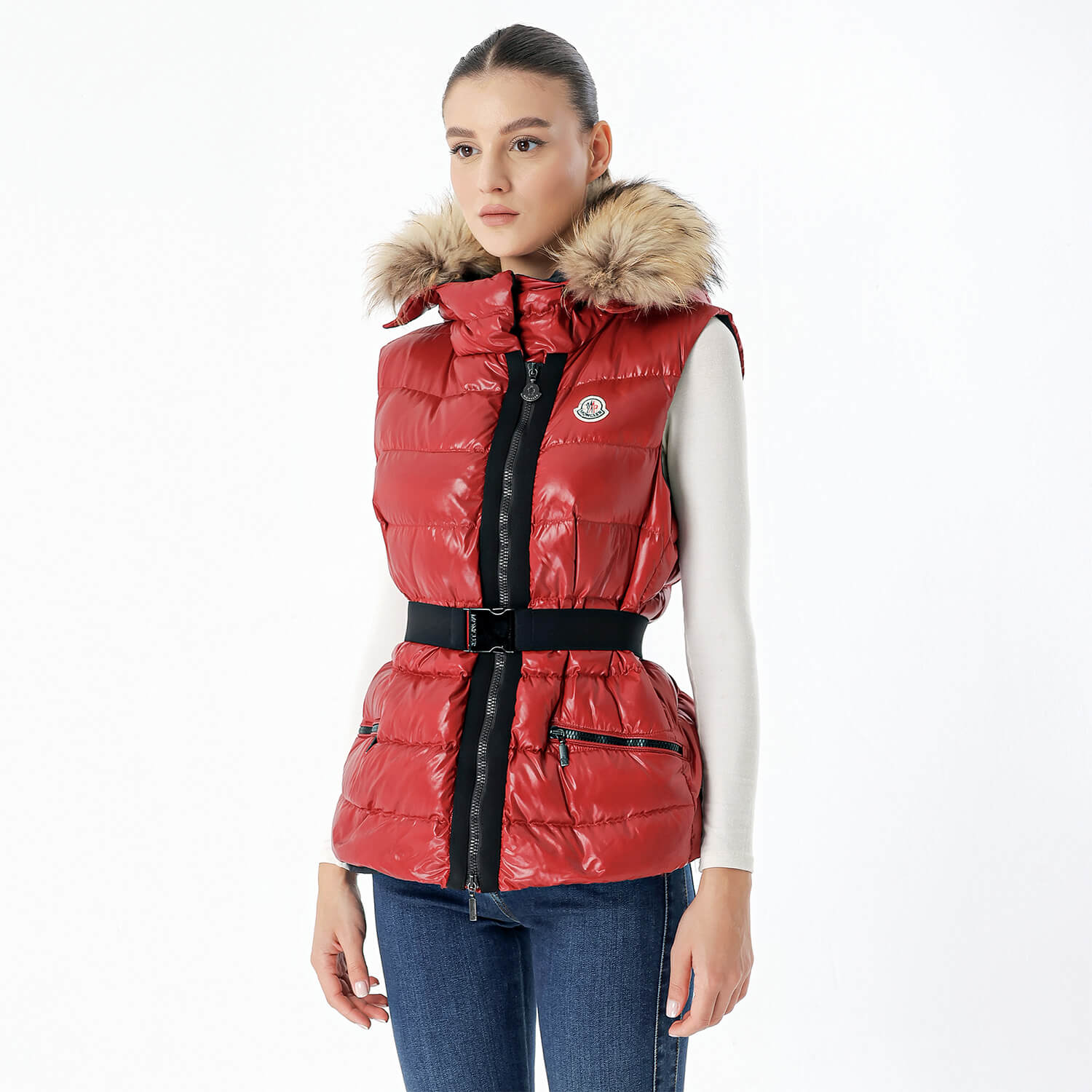 Moncler - Red Puffer & Fur Gilet Hodded Lightweight Coat